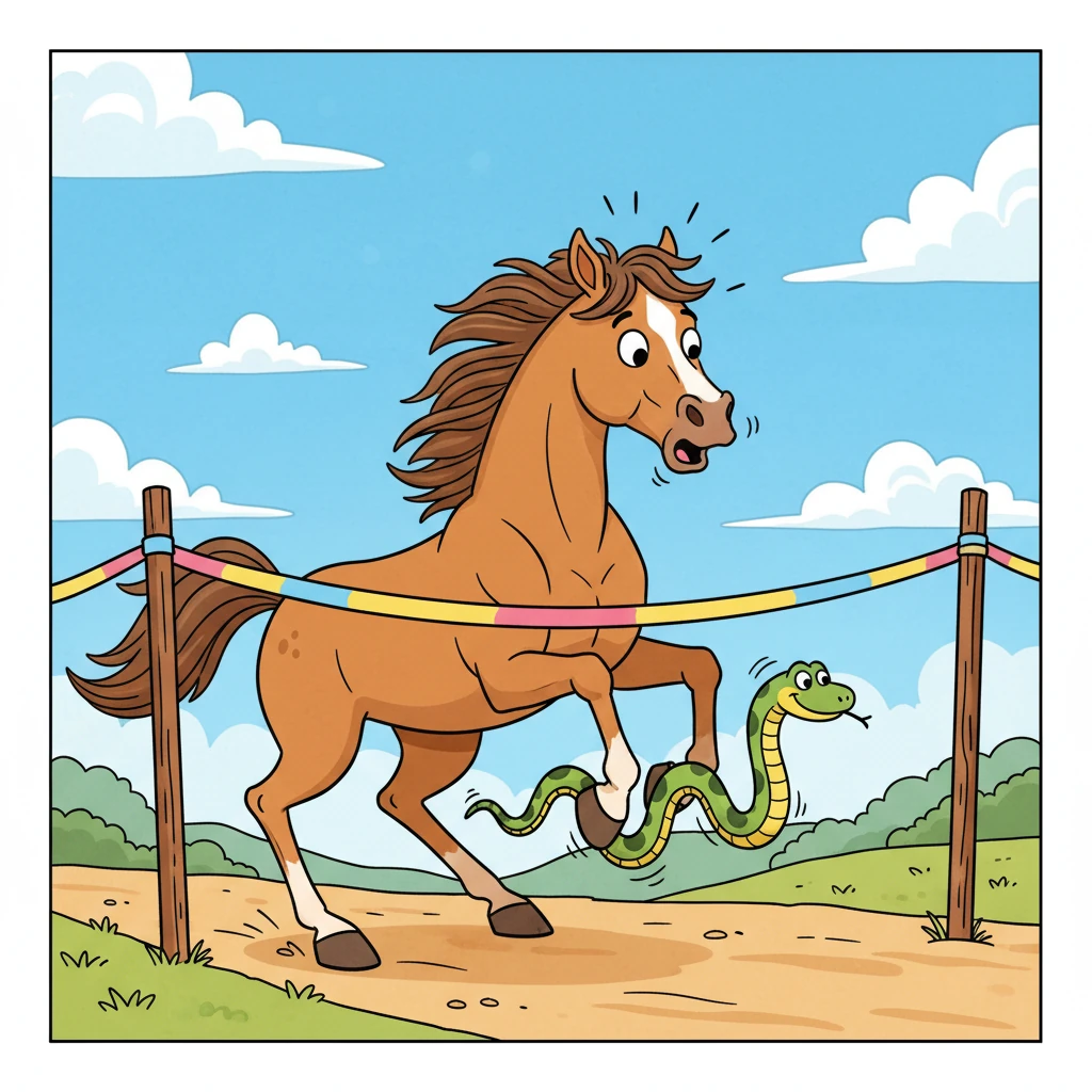 A proud Horse galloped confidently towards the finish, expecting to be next, but a sneaky surprise awaited. A slender Snake, who had cleverly coiled himself around the Horse's hoof during the journey, suddenly unraveled. With a swift, slithering motion, the Snake shot past the startled Horse, claiming sixth place.