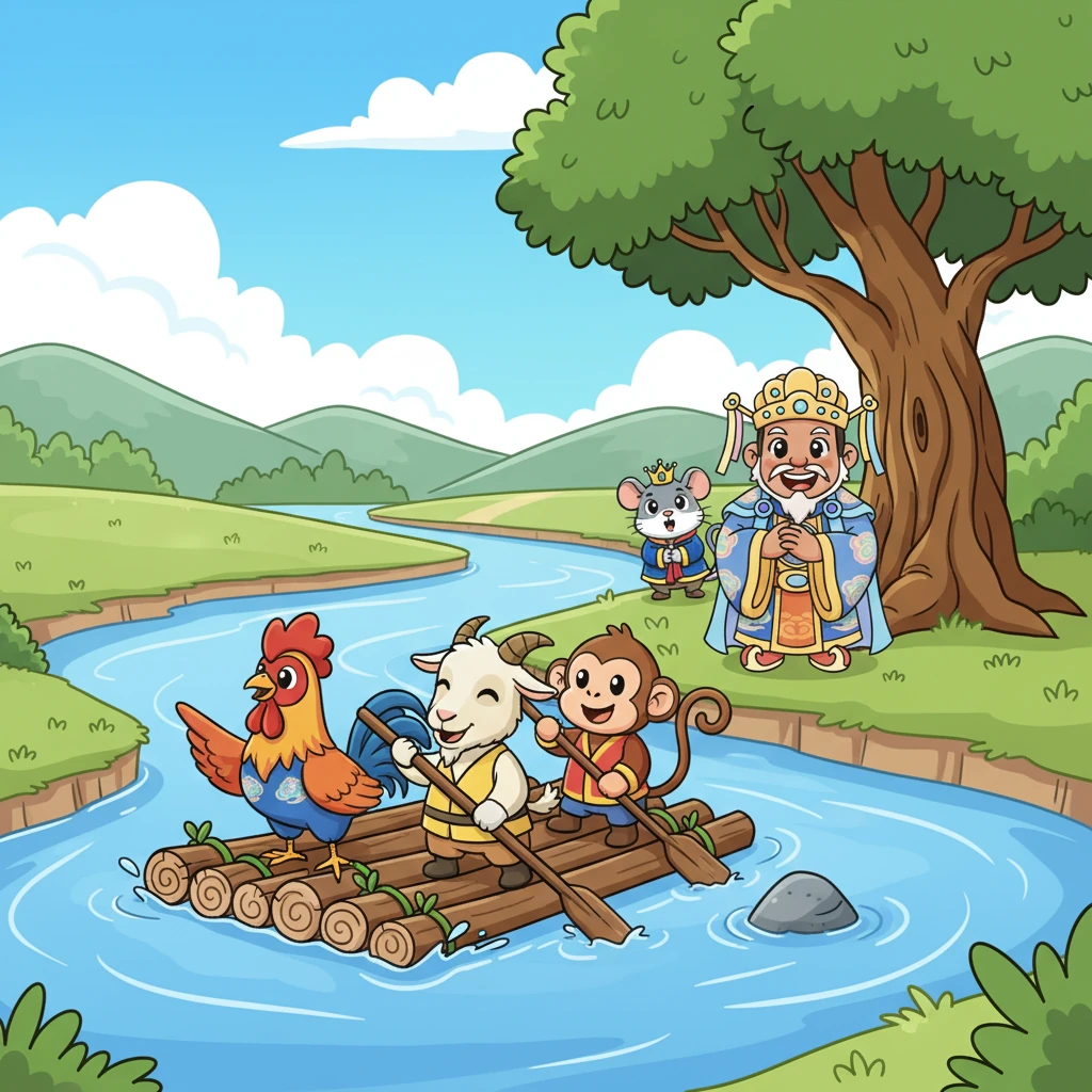 A moment later, a cheerful Goat, a nimble Monkey, and a proud Rooster arrived together, paddling a cleverly constructed raft. They beamed as they explained their teamwork: the Rooster found the raft, the Goat cleared the path, and the Monkey steered them safely across the challenging river, impressing the Jade Emperor with their cooperation.