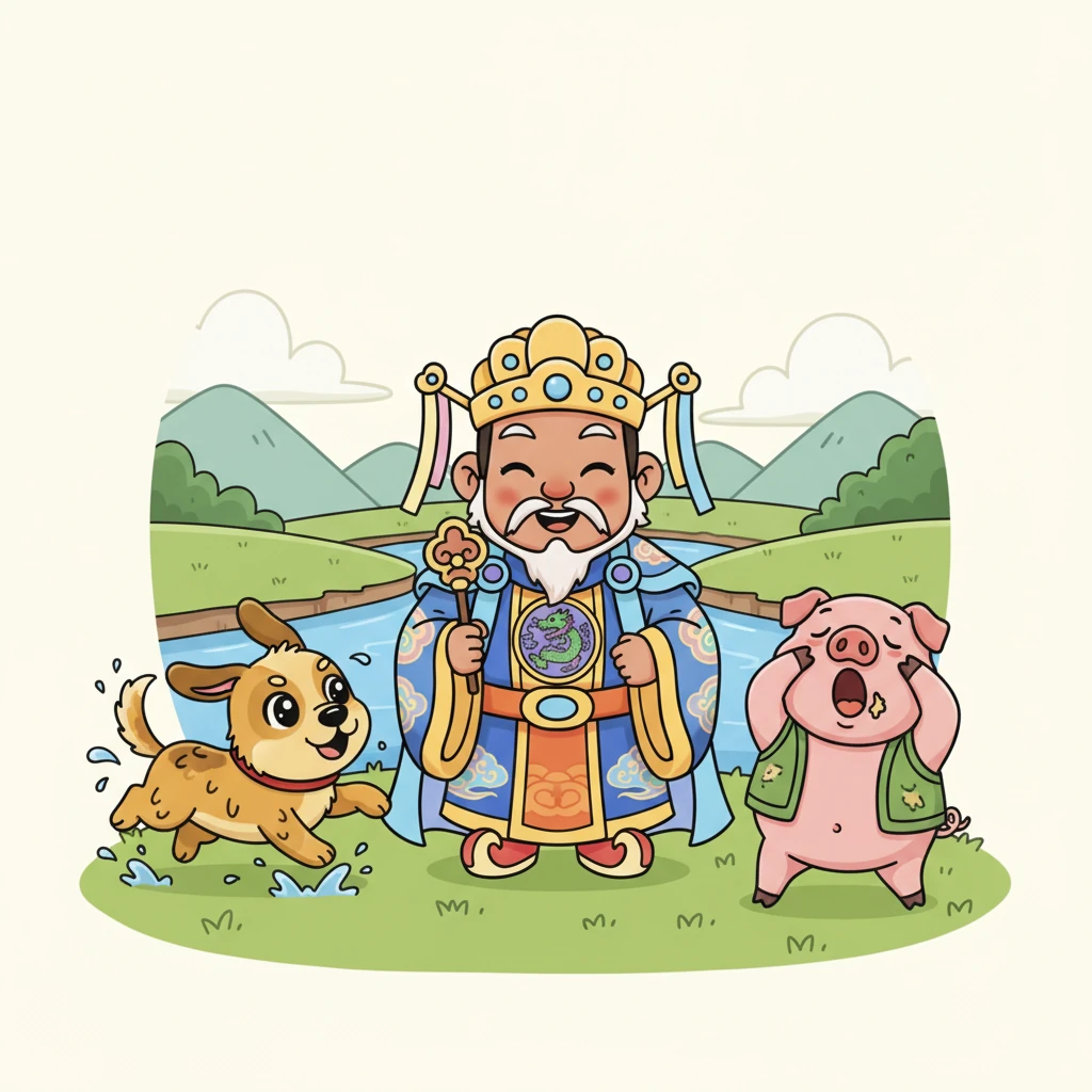 Finally, a playful Dog bounded onto the bank, wagging his tail, admitting he couldn't resist a refreshing splash in the cool water. The Jade Emperor was about to conclude the race when a sleepy Pig waddled up, apologizing for his many snack breaks and naps. With a final chuckle, the calendar was complete, and all twelve animals had their year.