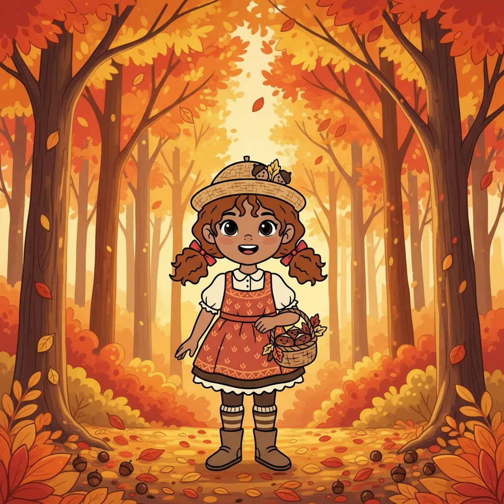 Castañita, una pequeña castaña con una gran sonrisa, vivía en un frondoso bosque.  El sol otoñal pintaba las hojas de rojo, naranja y amarillo.  Castañita amaba el otoño y todas sus maravillas.