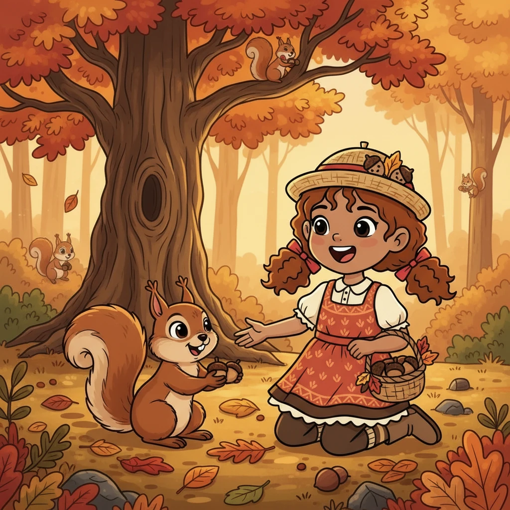 Se encontró con una ardilla llamada Risa, que recolectaba nueces para el invierno.  Risa, al ver a Castañita, le ofreció un puñado de bellotas.  Ambas rieron juntas.