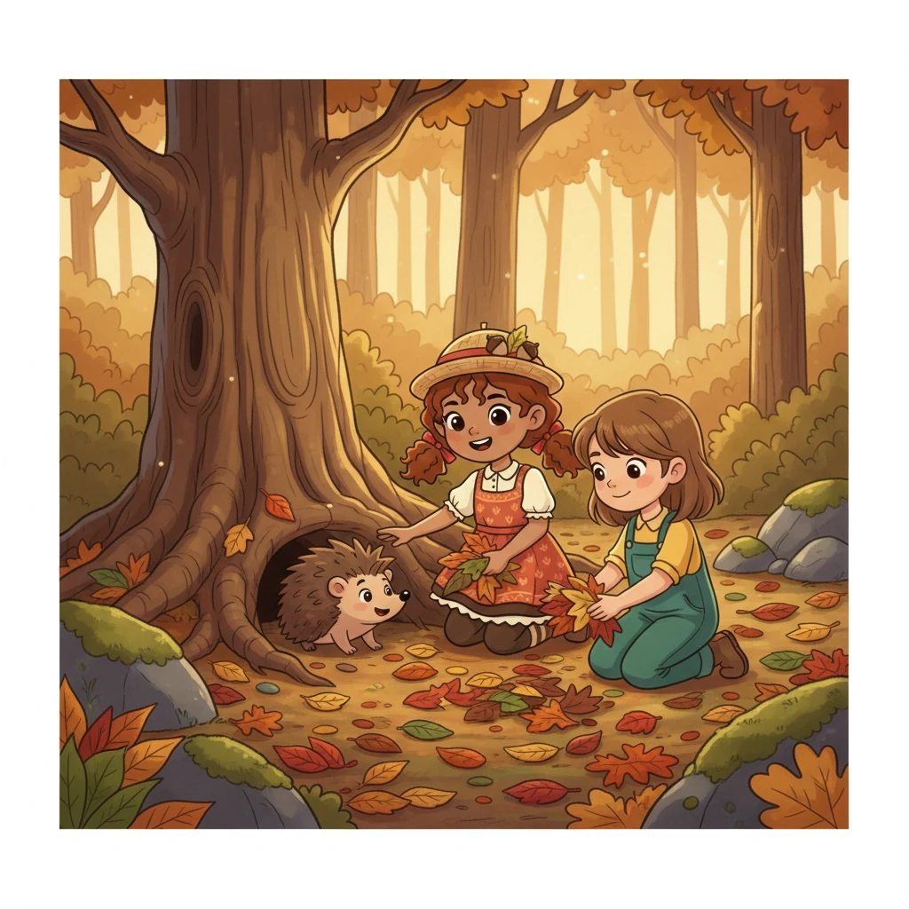 Después, Castañita y Risa se encontraron con un erizo llamado Pincho. Pincho estaba ocupado construyendo su madriguera. Castañita y Risa le ayudaron a recoger hojas secas.