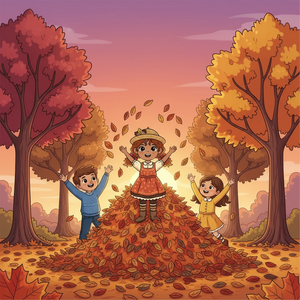 Juntos, los tres amigos jugaron entre las hojas caídas, formando un gran montón.  El sol se ponía, tiñendo el cielo de tonos rosados y morados.  La amistad era algo especial.