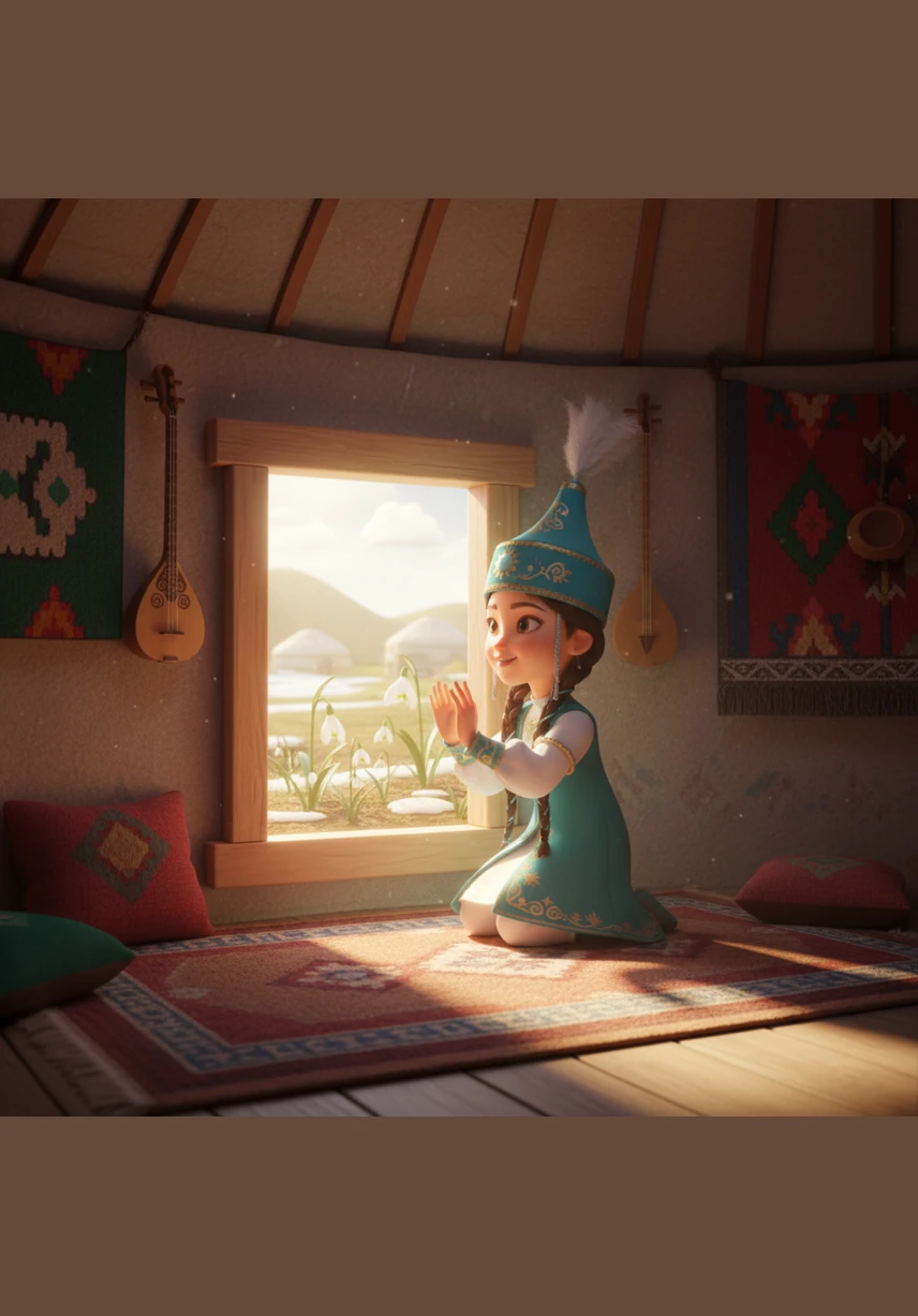 Аружан таңертең ерте оянып, терезеден күннің алғашқы жылы шуағын көрді. Далада қар еріп, жердің бетінде алғашқы нәзік бәйшешектер бүршік жара бастады.