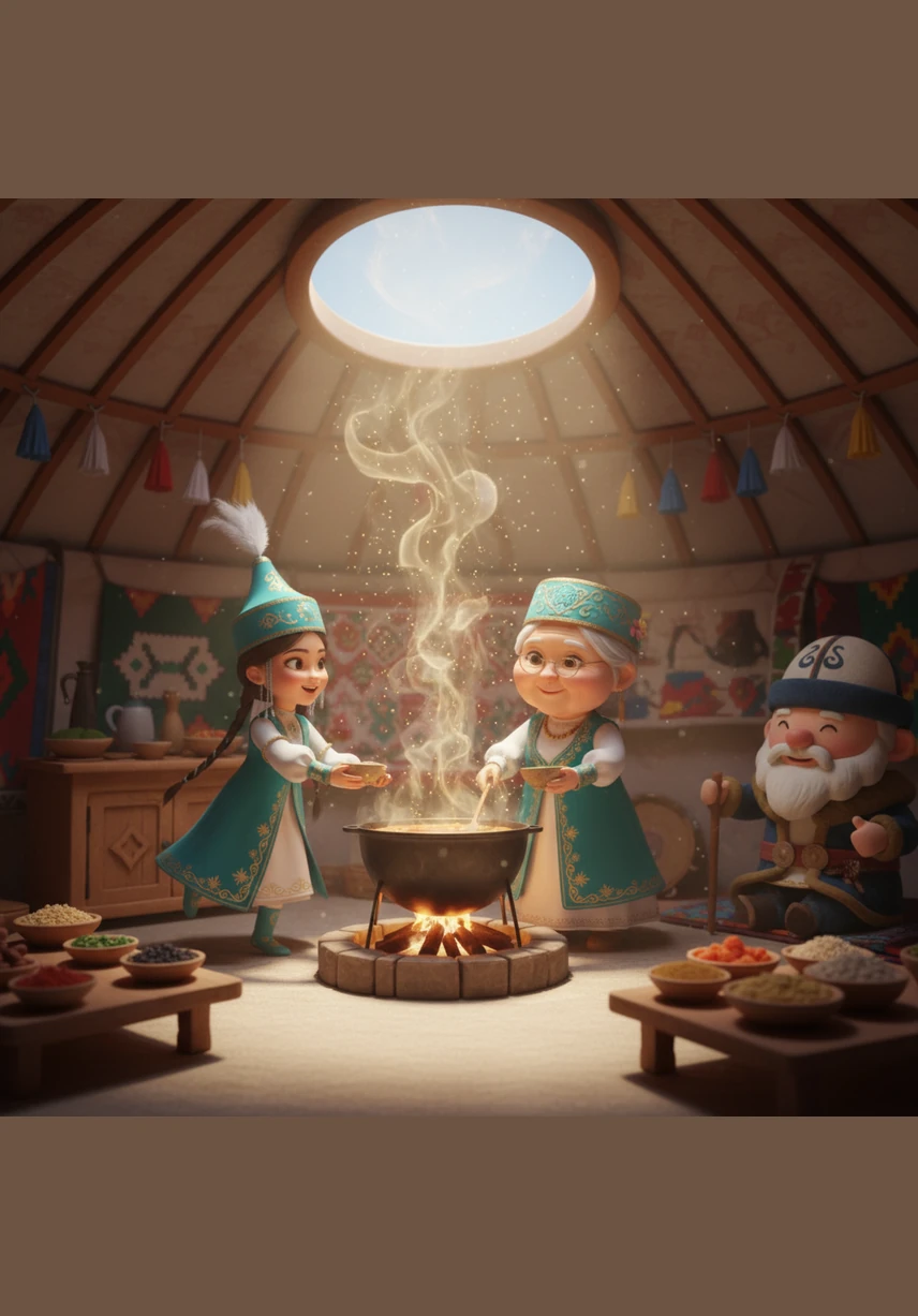 Ол асүйге жүгіріп барып, әжесіне мерекелік наурыз көже дайындауға көмектесті. Қазаннан шыққан дәмді иіс бүкіл үйге тарап, мерекенің жақындағанын сездірді.