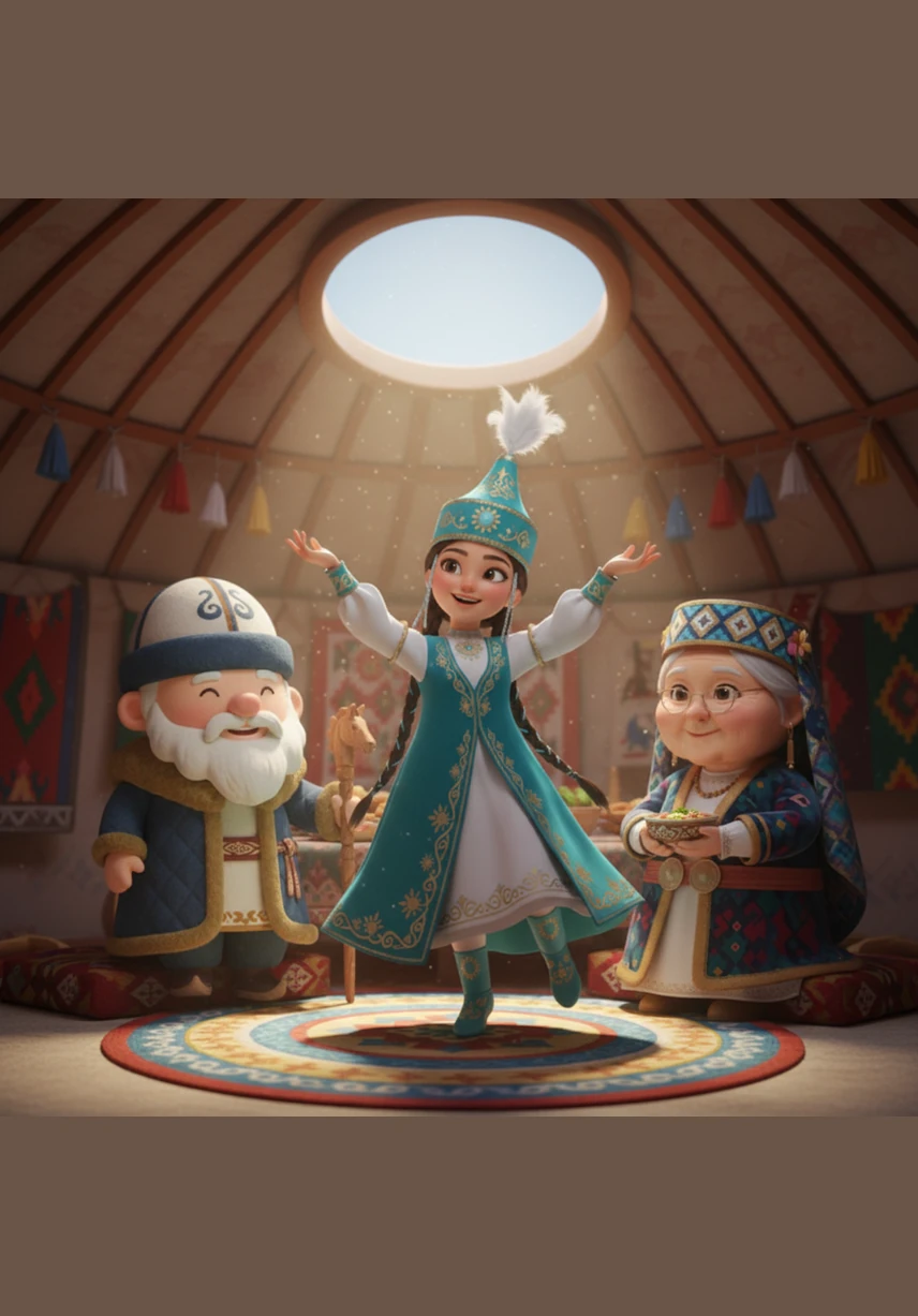 Ауылдың қақ ортасында аппақ киіз үйлер қаз-қатар тігіліп, мерекелік көңіл-күй орнады. Аружан өзінің әдемі бүрмелі көйлегі мен күміс шолпысын тағып, сәнденіп алды.