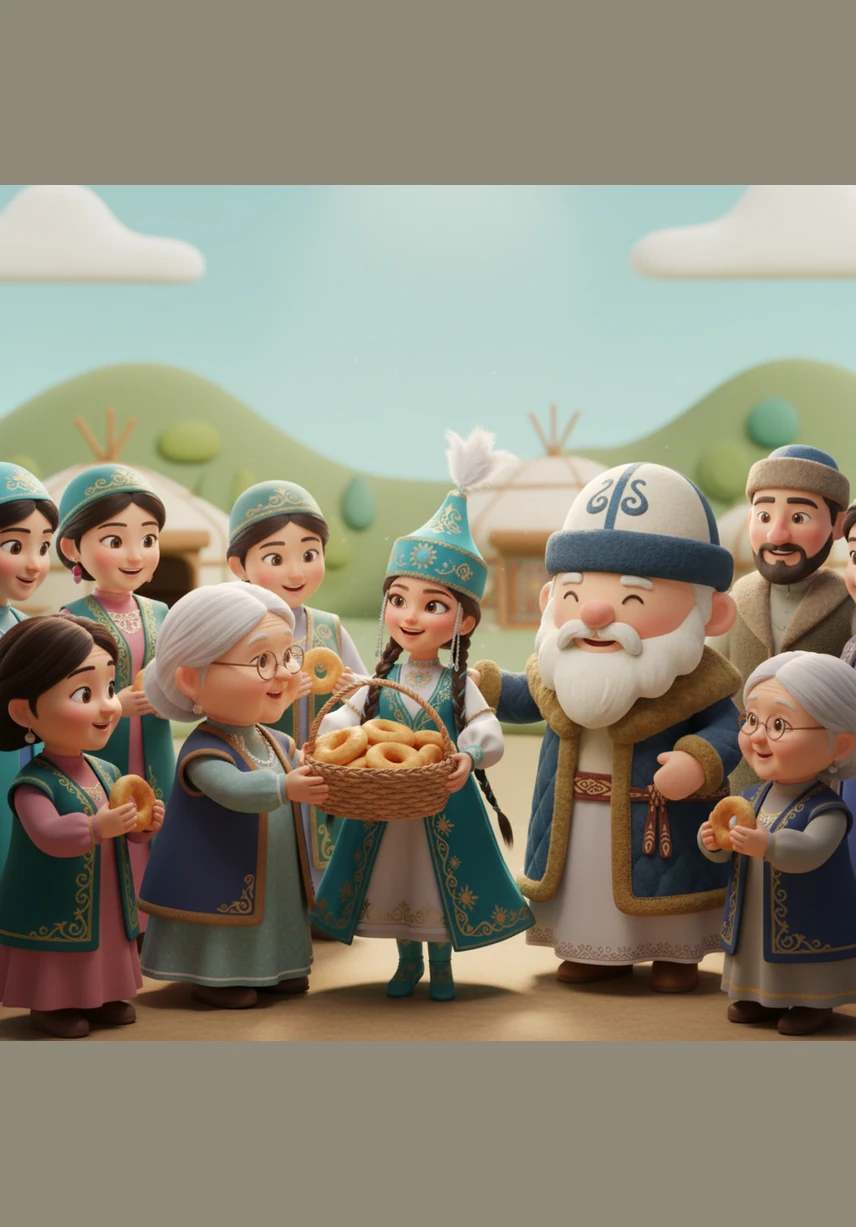 Аружан ыстық бауырсақтар салынған себетті алып, ауылдағы үлкендер мен көршілеріне таратты. Әрбір адам бір-біріне жылы лебіздерін білдіріп, ақ тілектерін жаудырды.