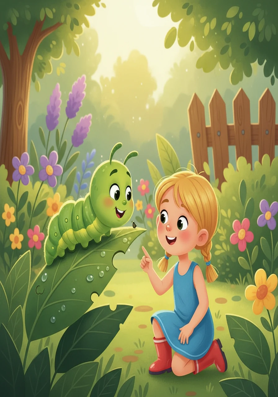 A tiny green caterpillar, with a stripe down its back, munched contentedly on a leaf in Sophie's garden. Sophie named him Stripe and watched him closely. Stripe was quite the busy eater, growing bigger every day.
