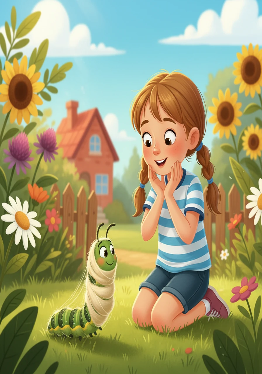 One day, Stripe stopped eating and began to spin a cozy chrysalis. Sophie watched, amazed, as the caterpillar transformed, disappearing inside its protective shell. She waited patiently, filled with anticipation and wonder.