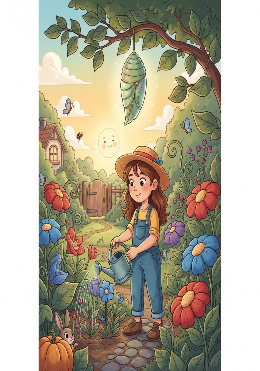 Weeks passed, and Sophie continued to tend her garden. The chrysalis hung silently, a secret waiting to be revealed. Sophie learned about patience and the magic of nature.