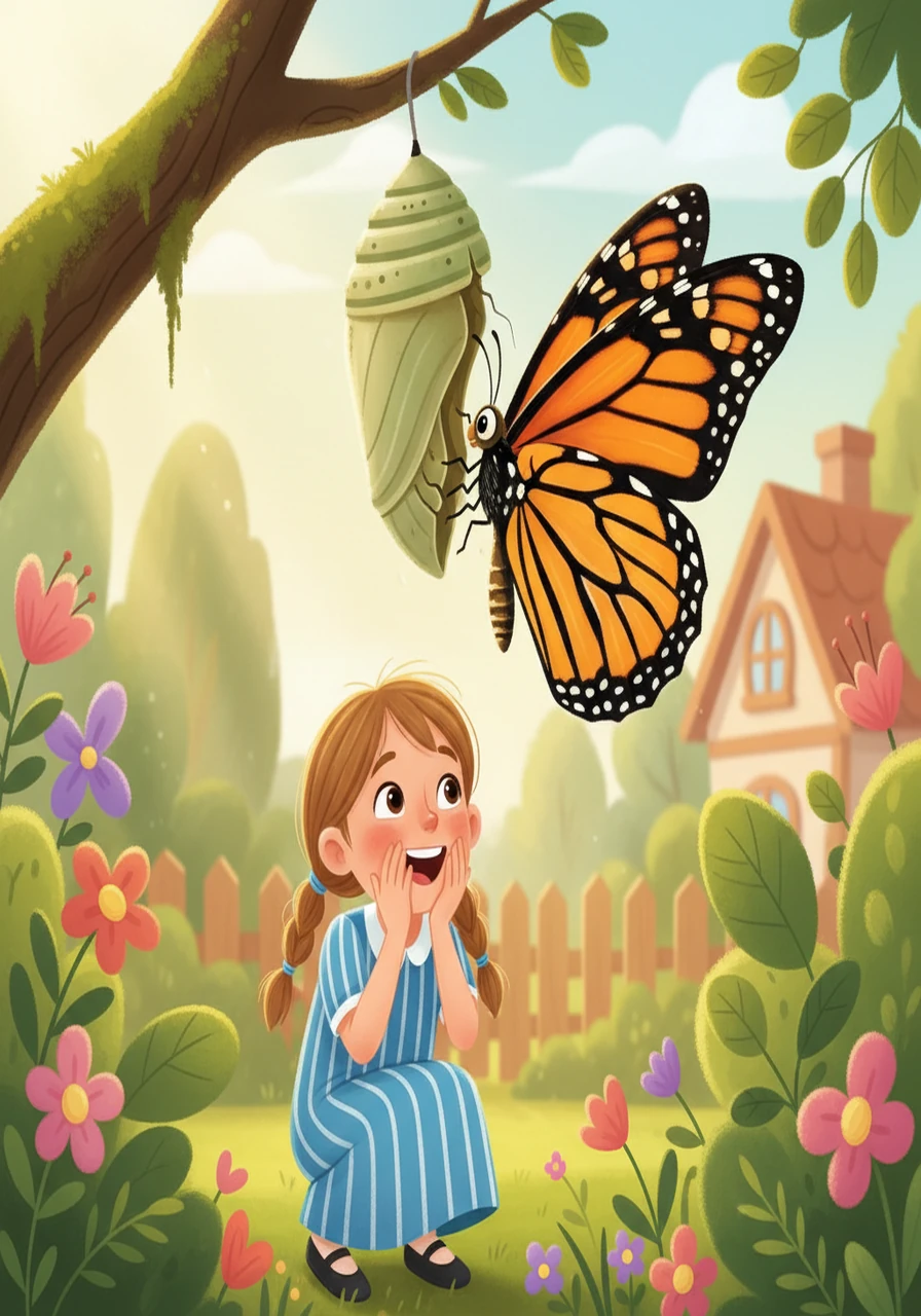 Suddenly, the chrysalis cracked open, and a beautiful butterfly emerged! It was a vibrant Monarch, with orange and black wings. Sophie gasped at the sight, her heart filled with joy.