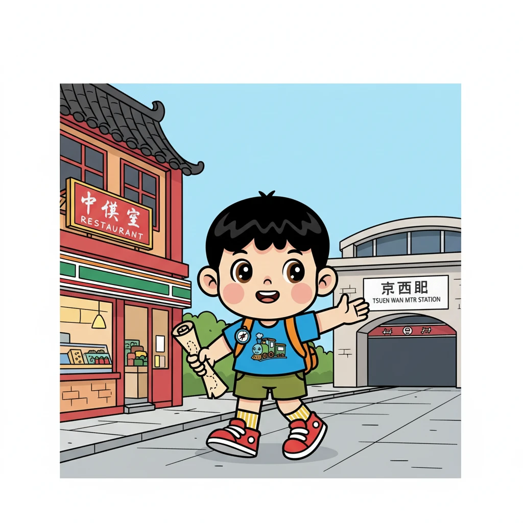 小明沿著路走，經過了一家餐廳和一間便利店。他看到荃灣地鐵站了！他走進地鐵站，準備搭車。