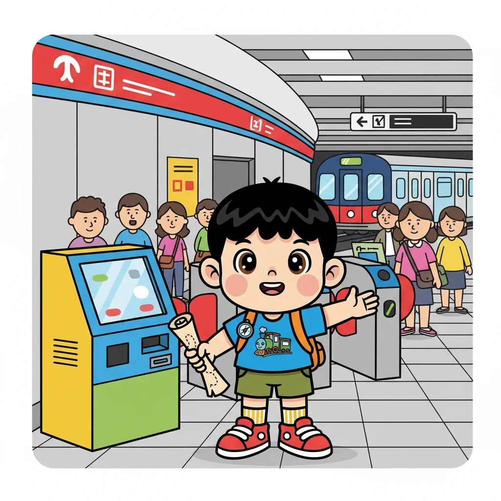 在地鐵站，小明看到一個售票機。他買了一張車票，然後走到月台。他要搭到荃灣站。