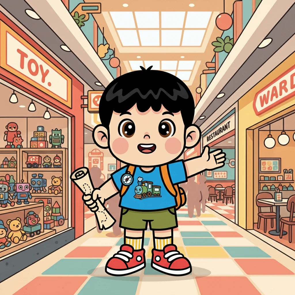 小明走進荃灣廣場，看到很多店鋪。他開始找小美。他看到一家玩具店，玩具店的旁邊是一家餐廳。