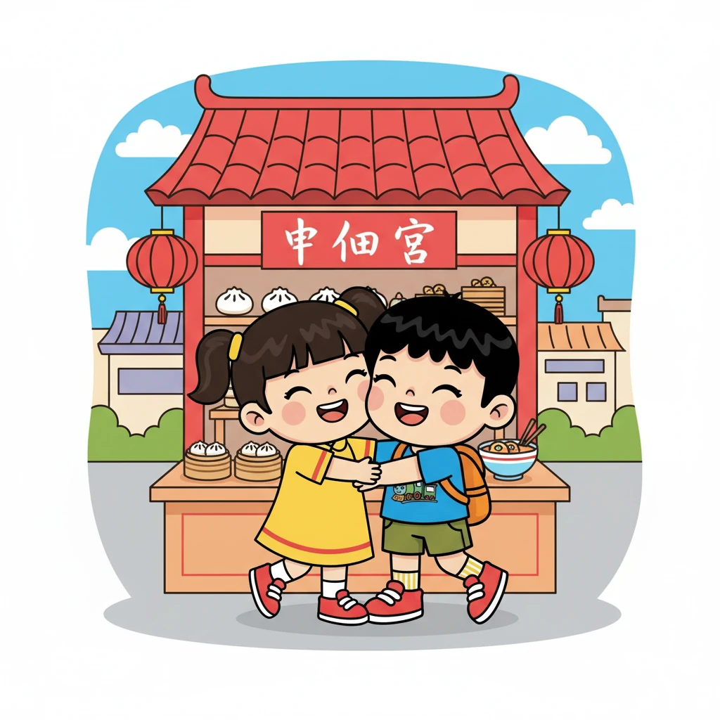 小明四處張望，終於看到小美了！小美正在一家小食店前面等他。他們互相擁抱，非常開心。