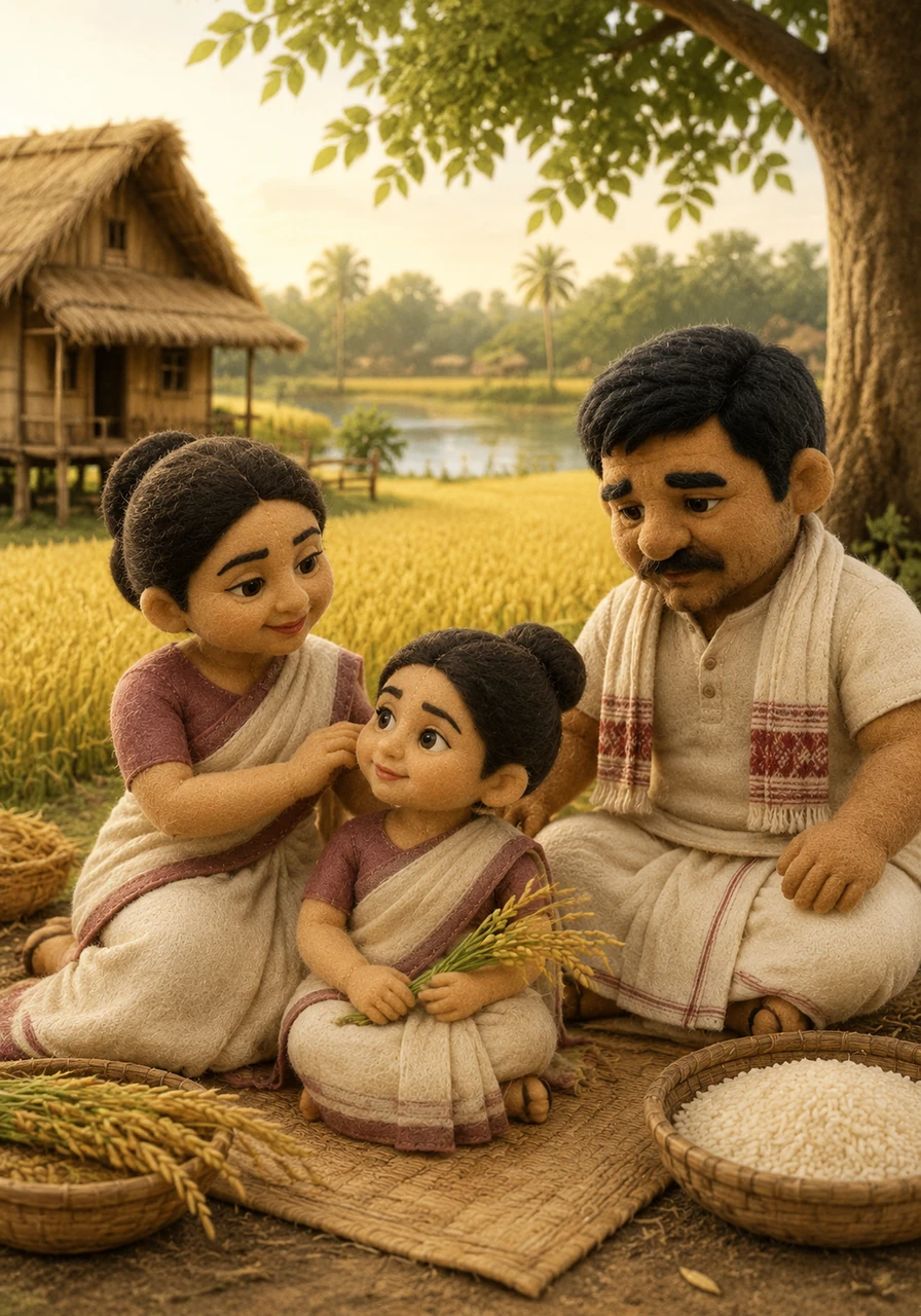 Tajimola lived in a sun-drenched village in Assam, spending happy days with her loving parents. She was a gentle girl who found joy in the simple beauty of the golden rice fields and the warmth of her mother’s smile.