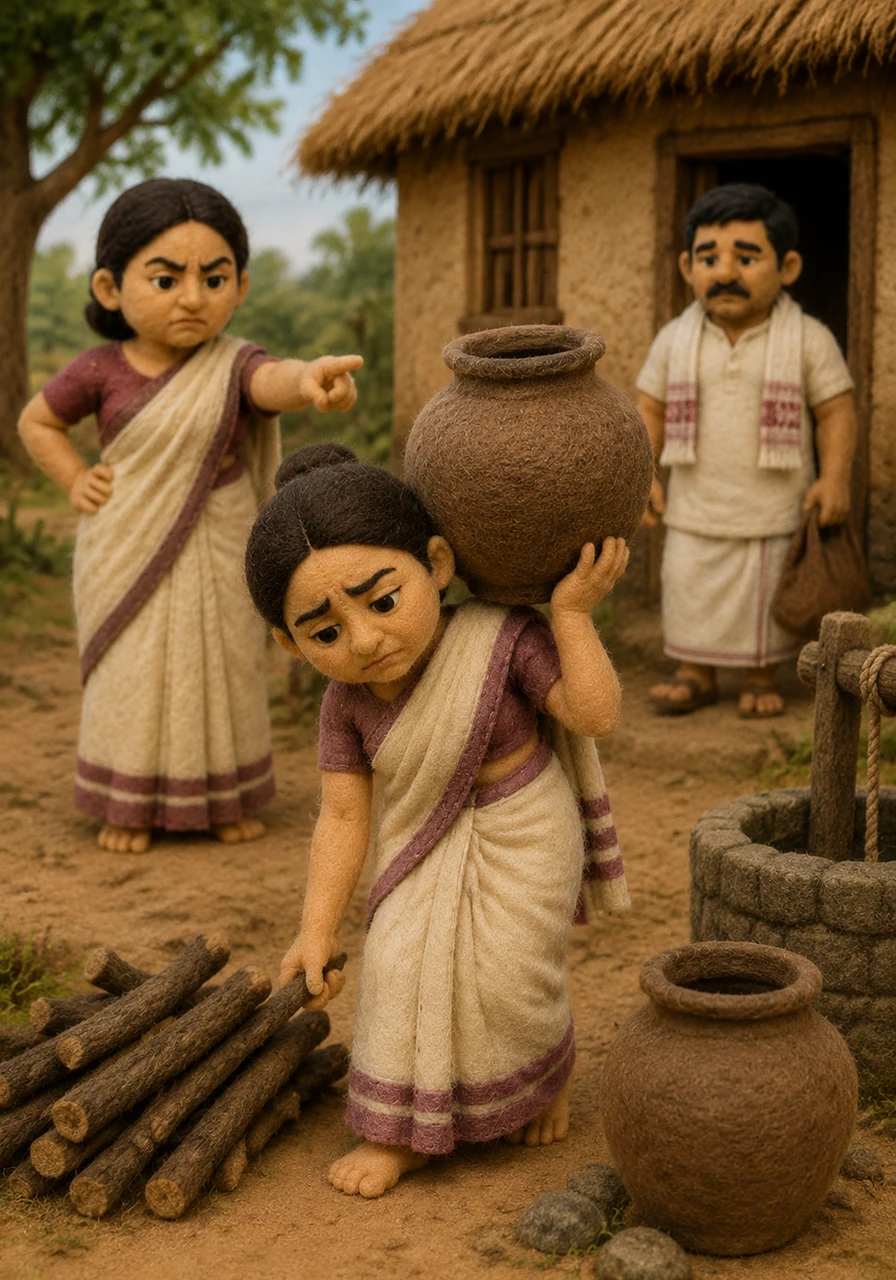 Whenever the father traveled for work, the stepmother forced Tajimola to labor from dawn until dusk. The young girl carried heavy water pots and gathered firewood, her hands calloused but her spirit still kind despite the constant scolding.