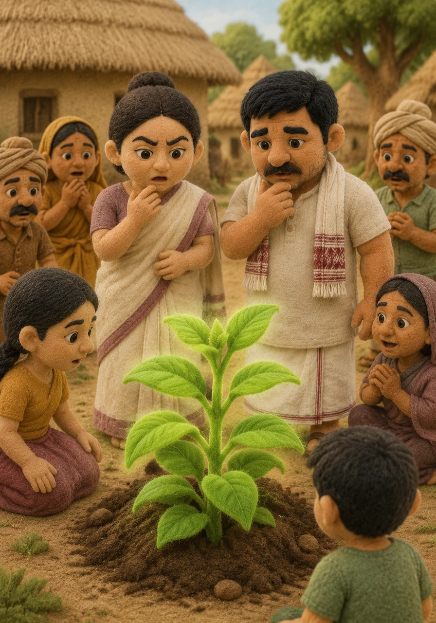Not long after, a vibrant plant with soft, green leaves sprouted from the earth where Tajimola had been. It swayed gently in the breeze, looking so full of life that the villagers paused to admire its mysterious beauty.