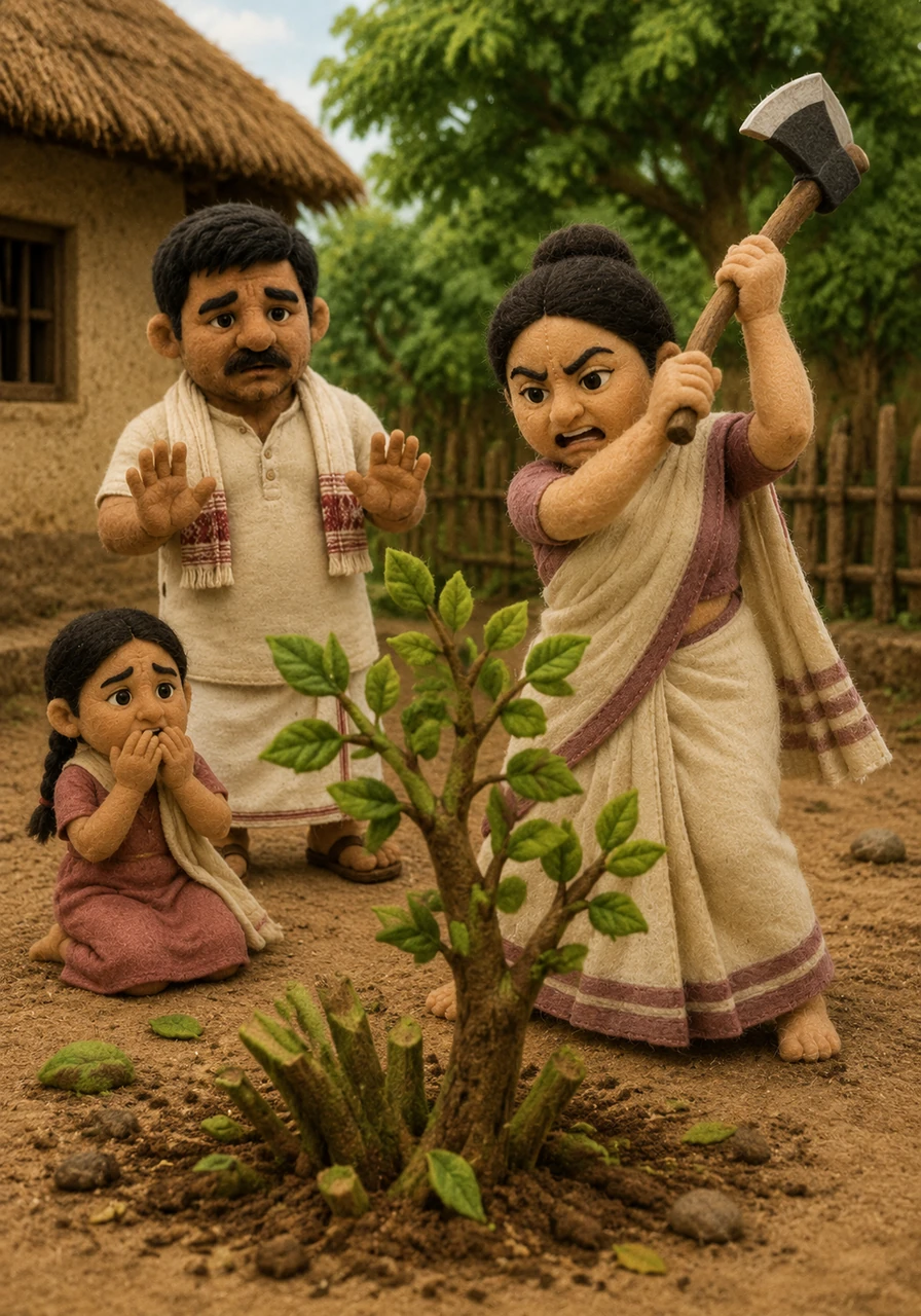 Terrified by the plant’s sudden appearance, the stepmother hacked it down in a fit of rage. Yet, from the very same spot, a sturdy fruit tree began to grow, its branches reaching toward the sky with healthy, green leaves.