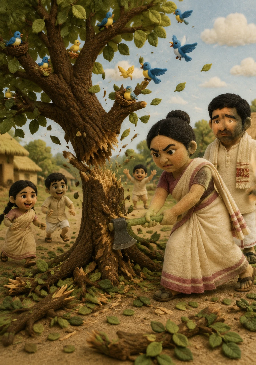 Birds sang from the tree’s branches and children laughed as they played in its shade, drawn to its peaceful energy. The stepmother, unable to bear its presence, destroyed the tree once more, hoping to bury the past.