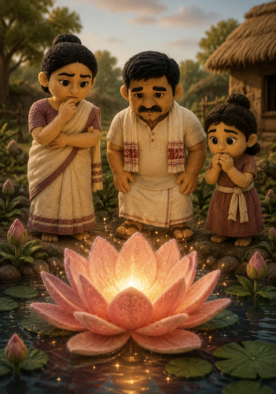 In the quiet pond nearby, a magnificent lotus flower bloomed, more radiant than any blossom the village had ever seen. Its petals shimmered with a magical light, and the villagers began to whisper that the flower held the soul of the lost girl.