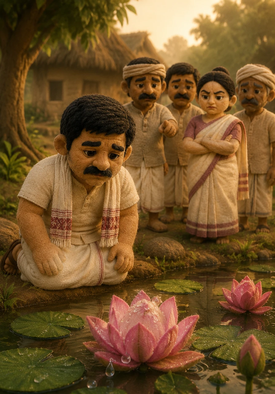 When Tajimola’s father returned from his long journey, he found his home silent and his daughter gone. The villagers led him to the pond, where the lotus seemed to weep with the morning dew, revealing the truth of his daughter's suffering.