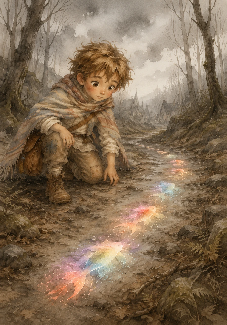 Leo, un niño curioso de cabello alborotado, vivía en un pueblo donde el cielo siempre estaba gris. Un día, mientras exploraba un bosque silencioso, encontró un rastro de extrañas huellas brillantes de colores desvanecidos.