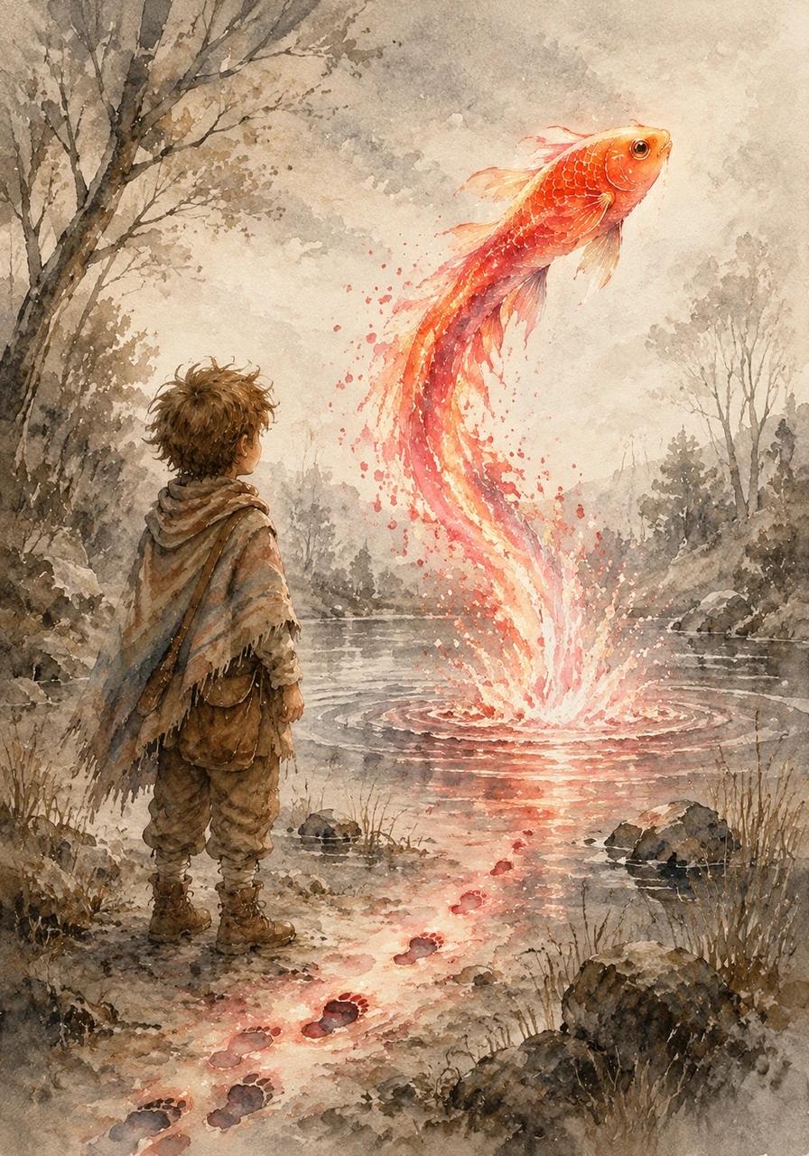 Decidido a devolver el color a su mundo, Leo siguió las huellas hasta un estanque mágico. Allí, una criatura brillante con forma de pez, un Guía de Valores, saltó del agua, dejando un rastro rojo vibrante y cálido.