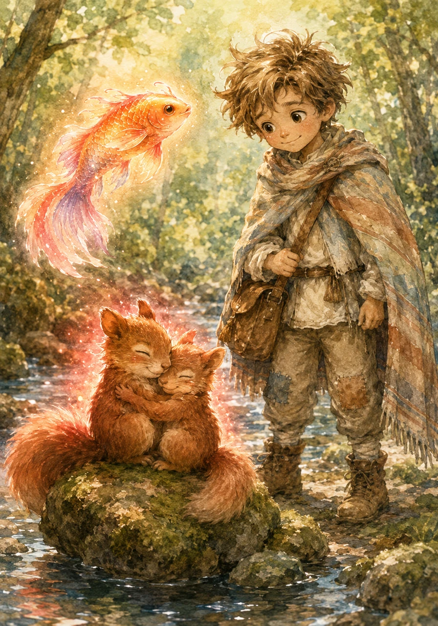 El Guía le mostró a Leo que el rojo representaba el Amor y el Cariño. Para recoger este color, Leo tuvo que ayudar a dos ardillas separadas a cruzar un arroyo y reunirse con un abrazo.