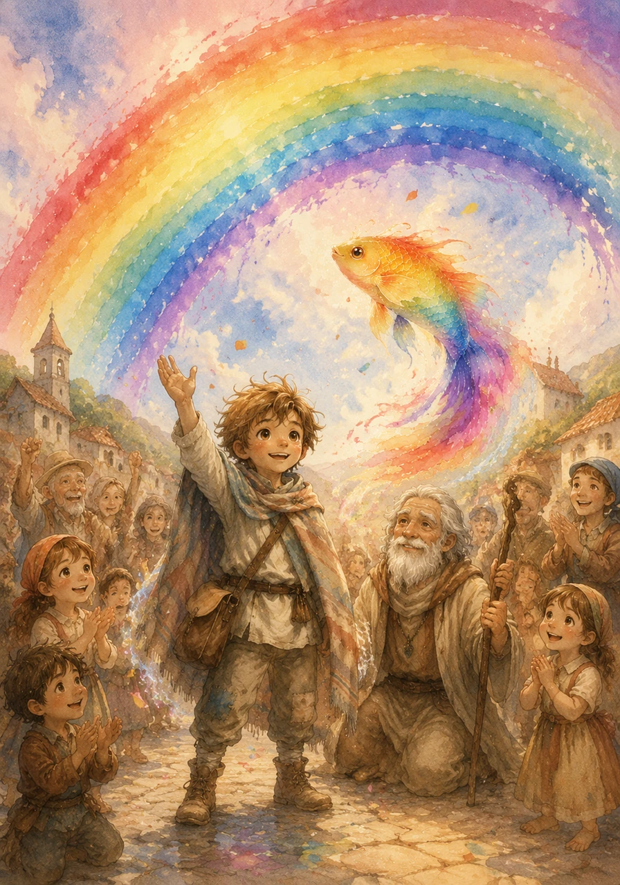 Con todos los colores recolectados, un magnífico arcoíris estalló en el cielo sobre el pueblo de Leo, trayendo luz y color por primera vez. El pueblo entero salió a celebrarlo, agradecidos por las lecciones que Leo había aprendido y compartido.