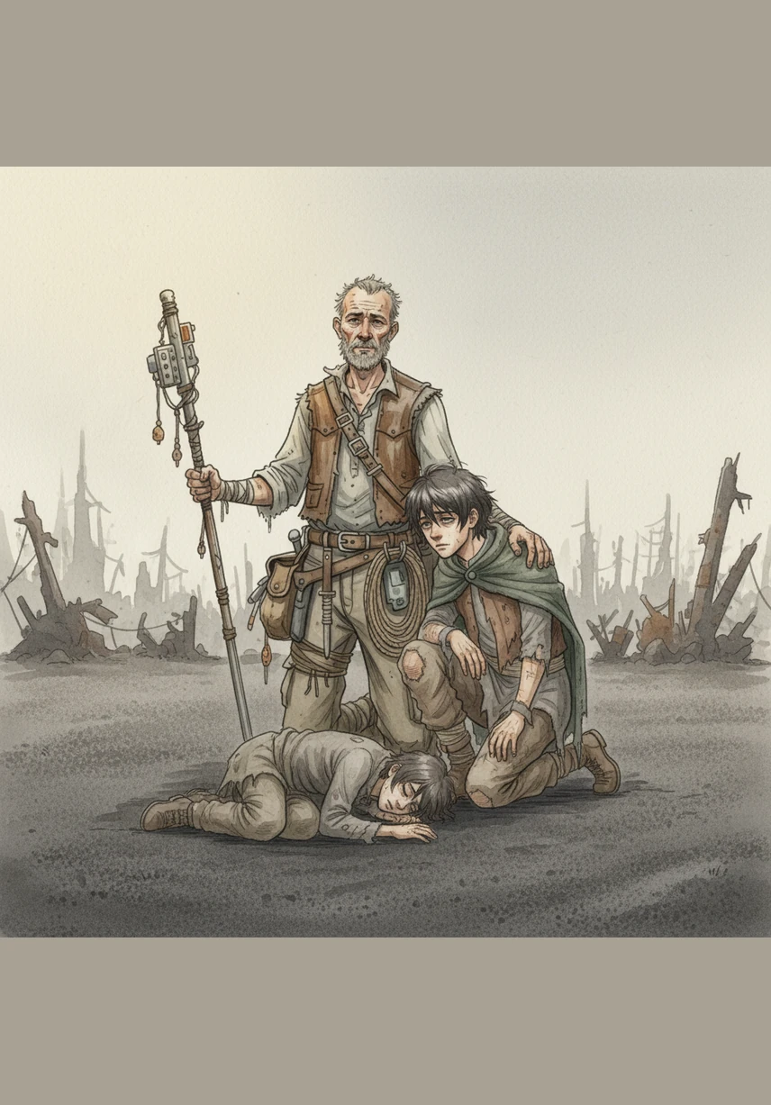 Silas kneels in a landscape of endless gray ash, his body shielding a faint, pulsing blue light from the biting wind. He appears as a desperate scavenger clinging to the last spark of life in a dead world, his face etched with weary determination.