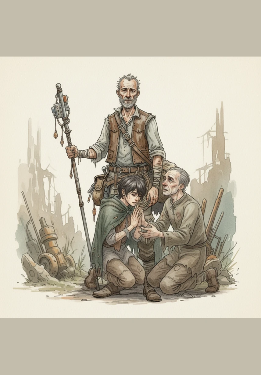 His hands, scarred and trembling, hold a small glass sphere containing a miniature, swirling galaxy of trapped starlight. Silas is no longer just a scavenger; he is the guardian of a captured piece of the heavens, a treasure more valuable than anything left on Earth.