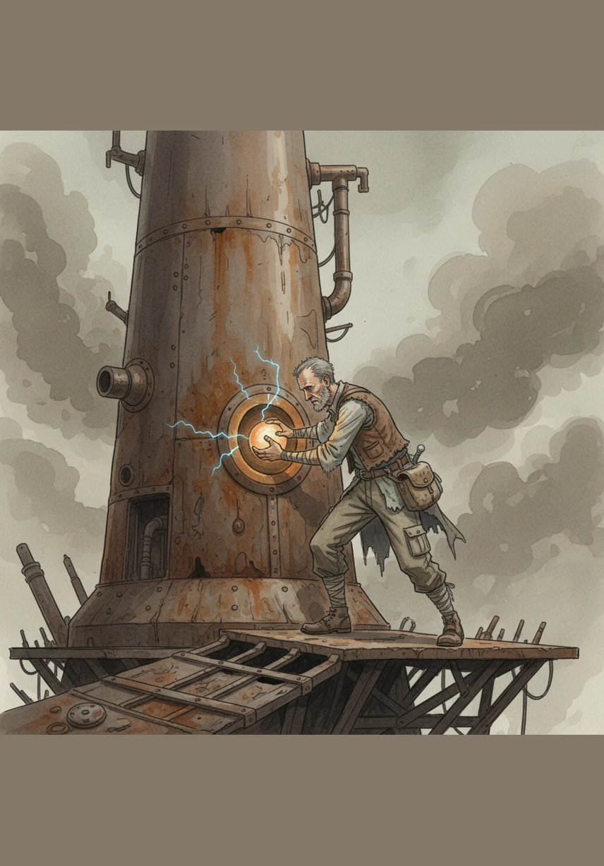 Silas carefully presses the glowing sphere into a deep, circular indentation on a massive, rusted metal spire that rises into the thick smog. The connection feels like a key turning in an ancient lock, suggesting a purpose far greater than simple survival.