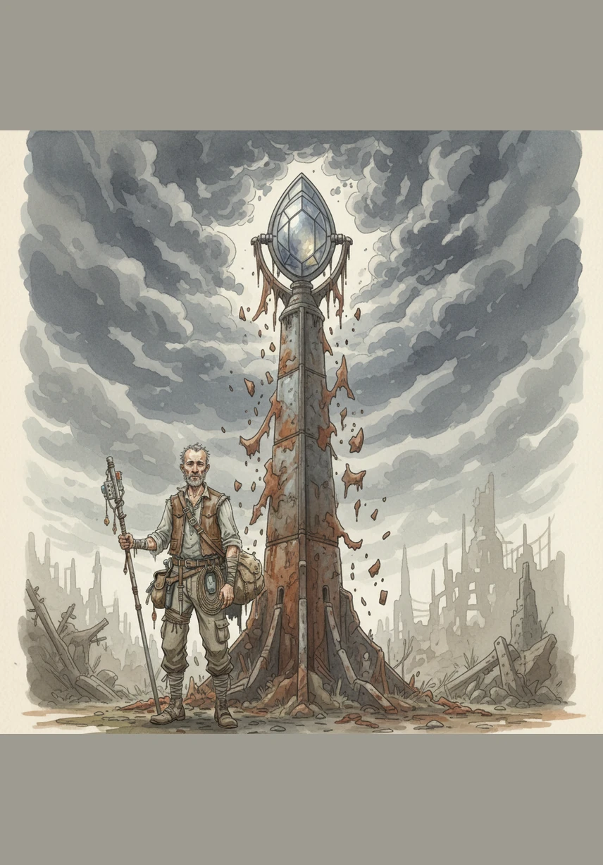 The metal spire shudders, shedding layers of rust to reveal a polished, crystalline lens aimed directly at the heavy clouds above. Silas gazes up with a look of intense longing, revealing that he is searching for a path out of the perpetual darkness.