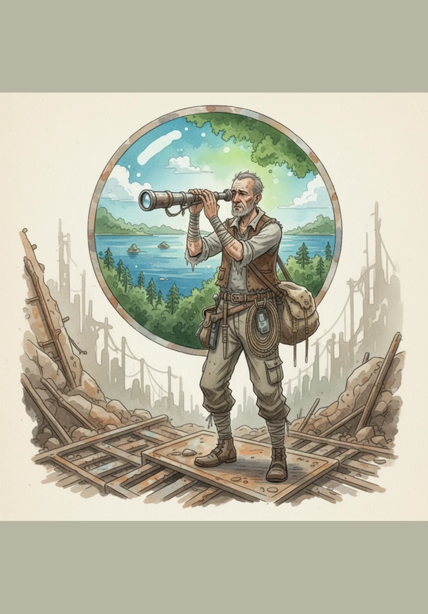 Through the lens, a vibrant, green-and-blue world appears in the distance, shimmering with oceans and lush forests. The sight brings a sudden, poignant realization of how much has been lost and how far away a true home actually is.