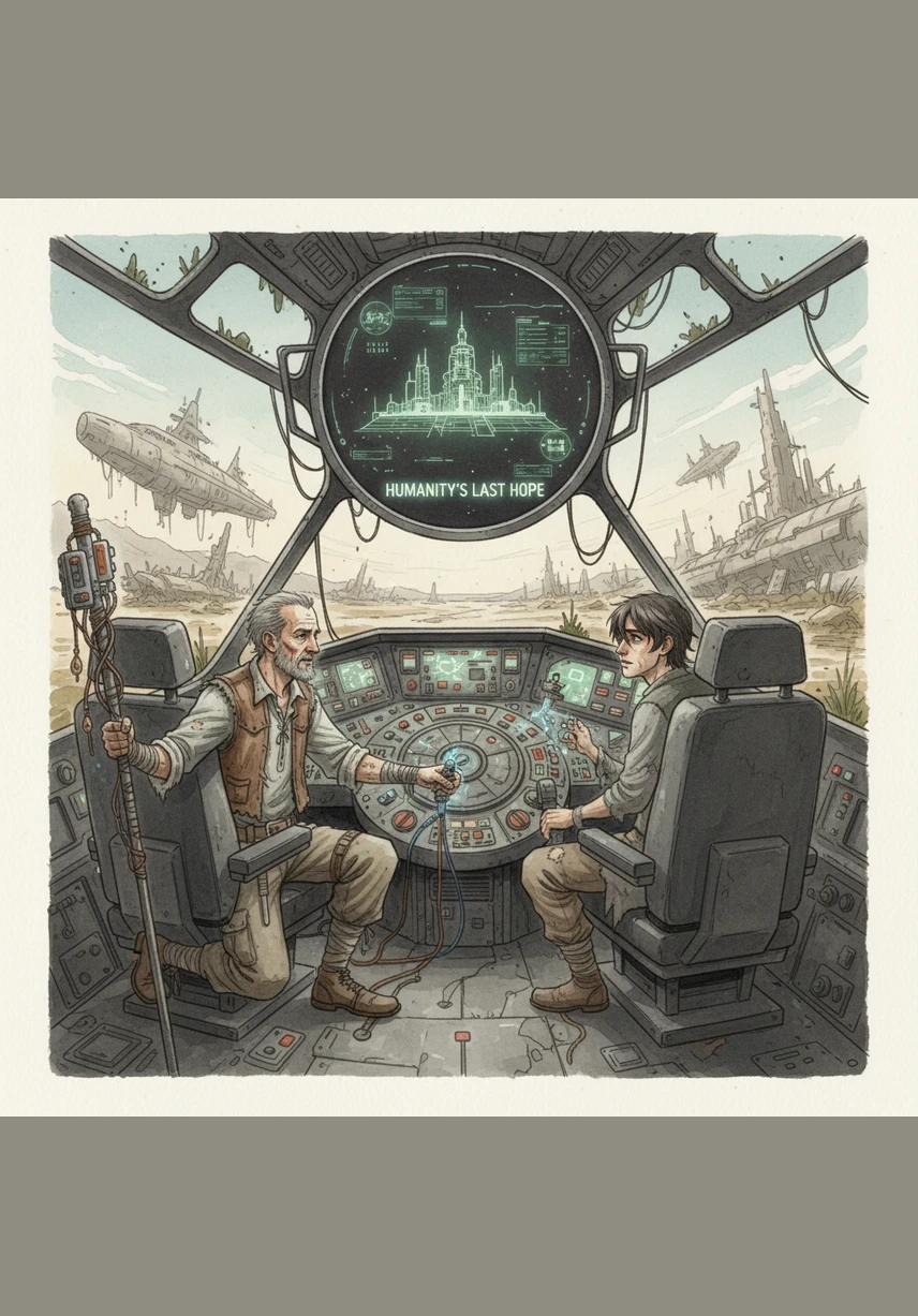 The perspective shifts to show the spire is not a telescope, but the central ignition core of a colossal, buried starship shaped like a giant seed. Silas is not a lonely observer; he is the pilot of humanity’s last hope, finally awakening the vessel from its long slumber.