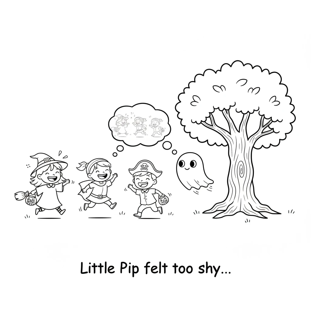 Little Pip, a tiny, round ghost, hovered near a big oak tree. Pip watched other children in costumes laughing and playing, but felt too shy to join in