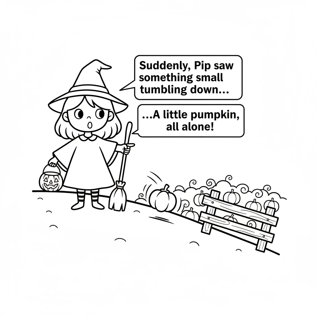 Suddenly, Pip saw something small and orange tumbling down a hill. It was a little pumpkin, all alone, rolling away from its patch and getting stuck n