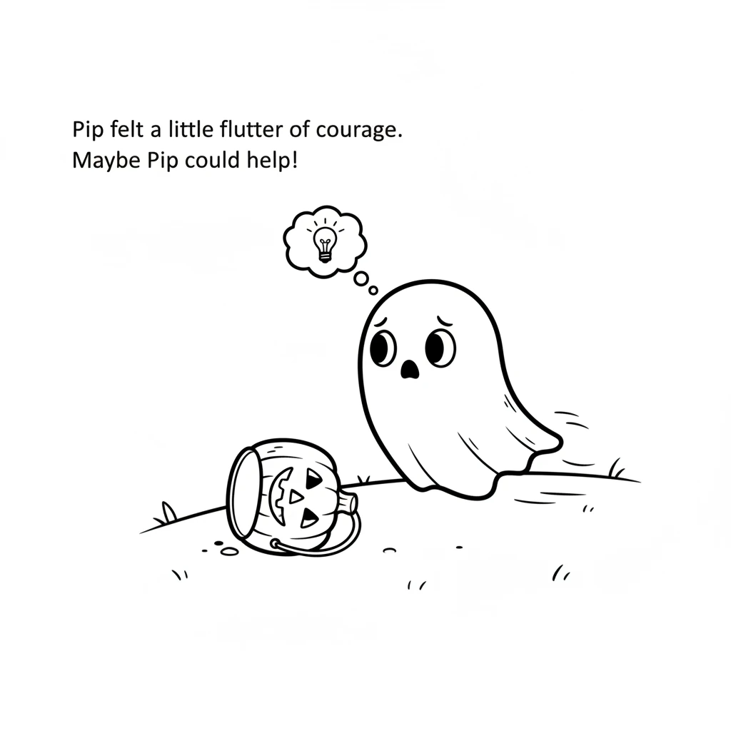 Pip felt a little flutter of courage. Maybe Pip could help! Floating gently, Pip glided closer to the lost pumpkin, its round eyes wide with concern.