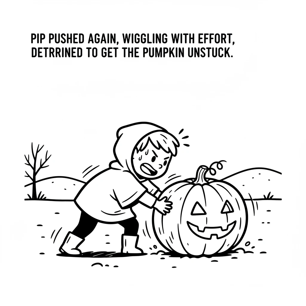 With a soft push, Pip tried to roll the pumpkin, but it was a bit heavy. Pip pushed again, wiggling with effort, determined to get the pumpkin unstuck