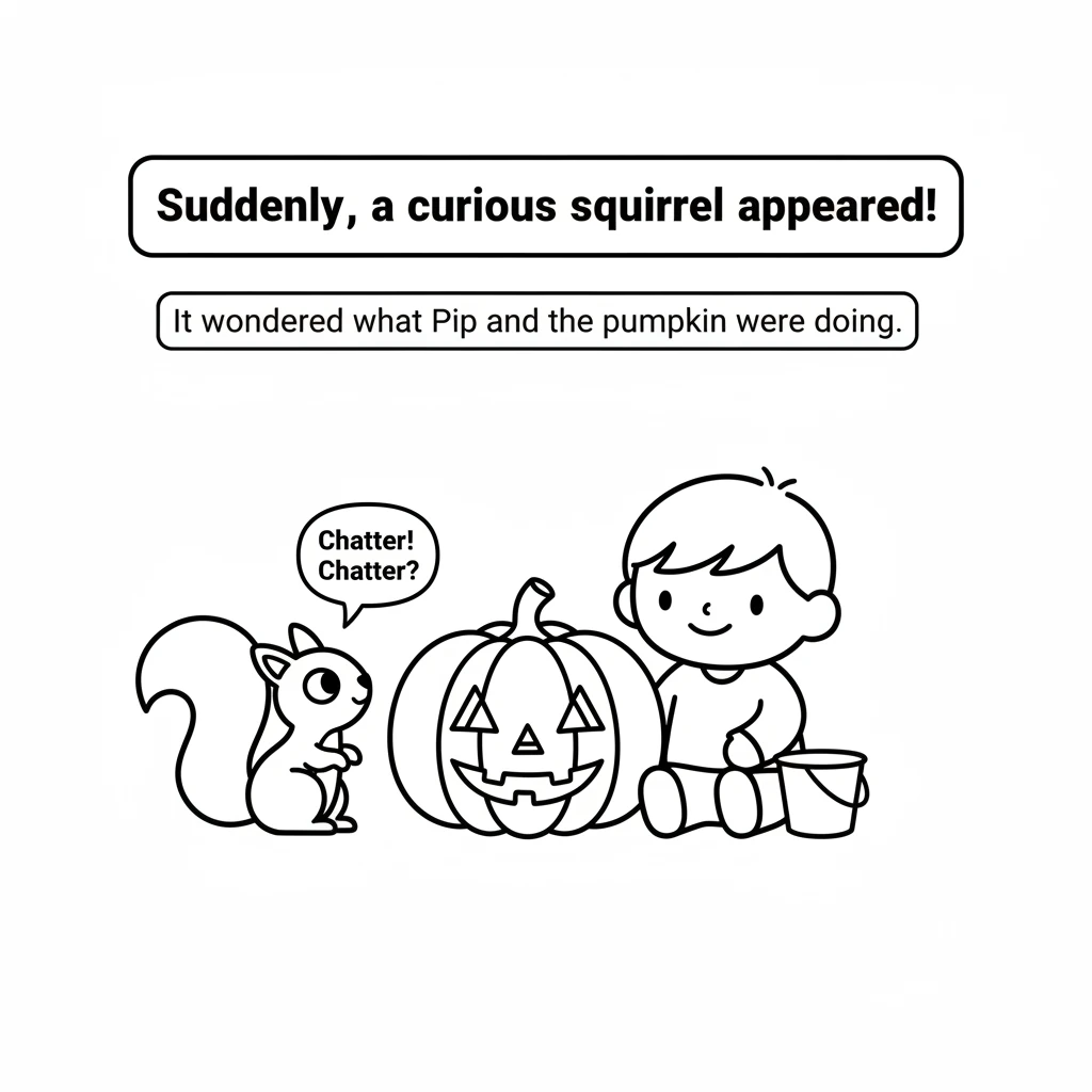 A curious squirrel with a bushy tail suddenly appeared! It chattered softly, tilting its head, wondering what Pip and the pumpkin were doing.