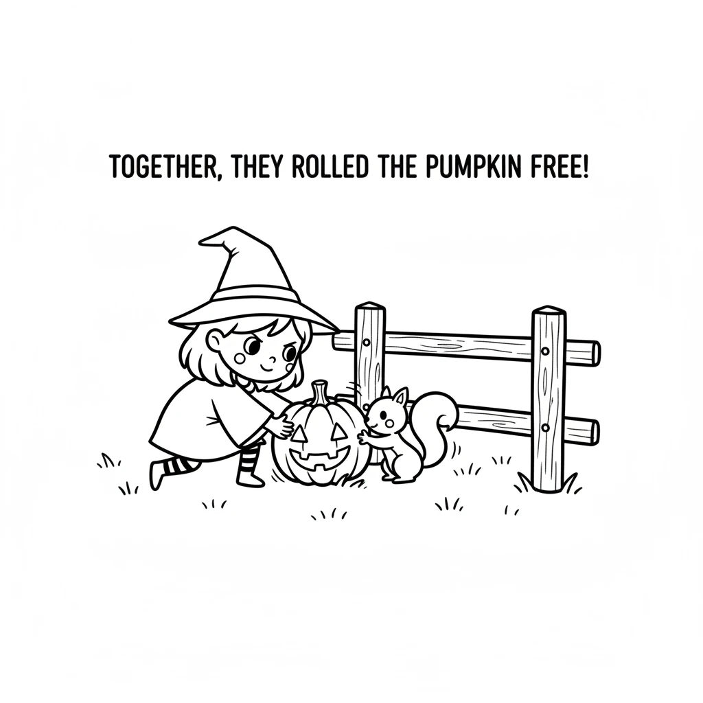 Pip and the squirrel looked at each other, then at the pumpkin. Together, they nudged and rolled the little pumpkin, slowly getting it free from the f