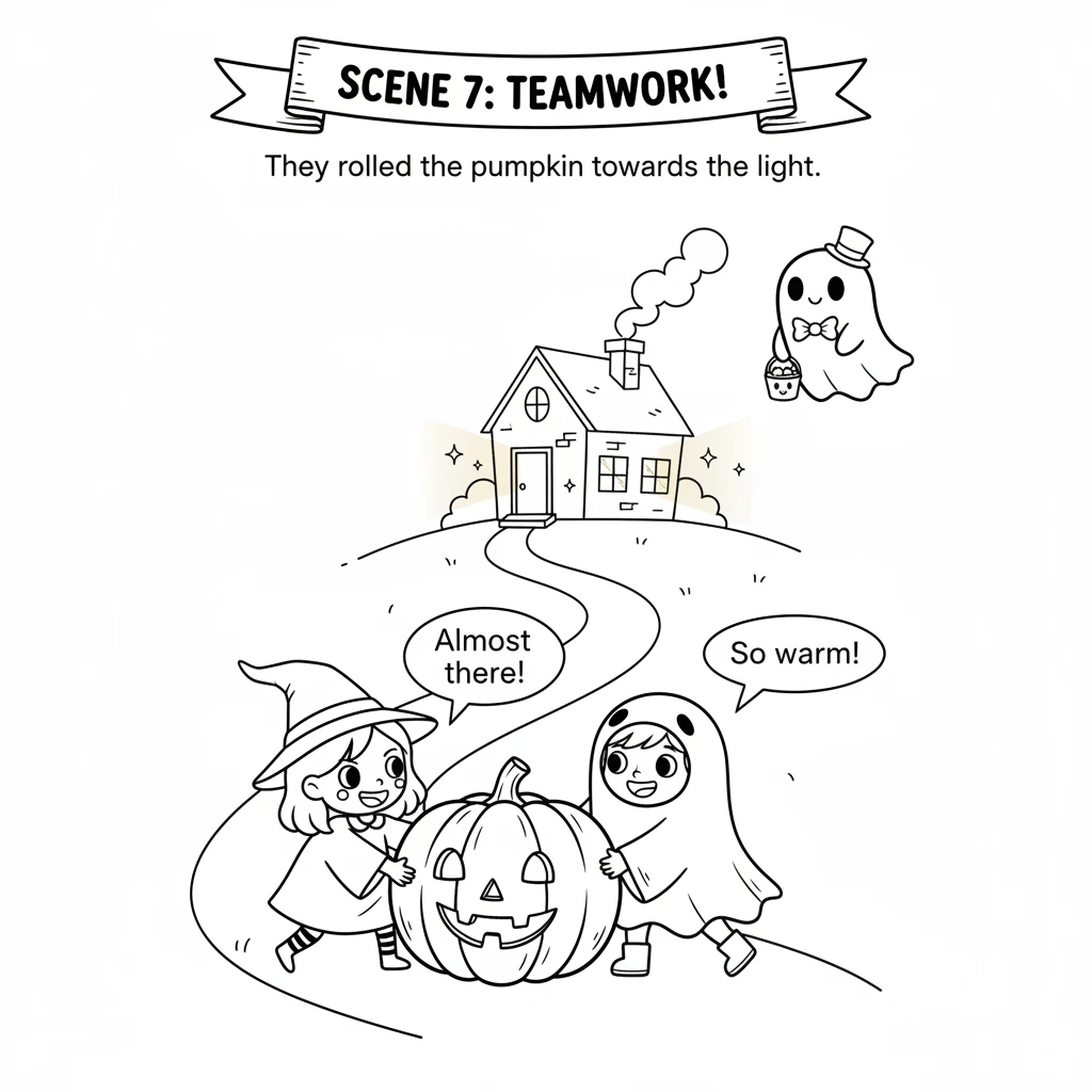 They worked as a team, rolling the pumpkin gently along a winding path. Their destination was a house glowing with warm, welcoming lights.