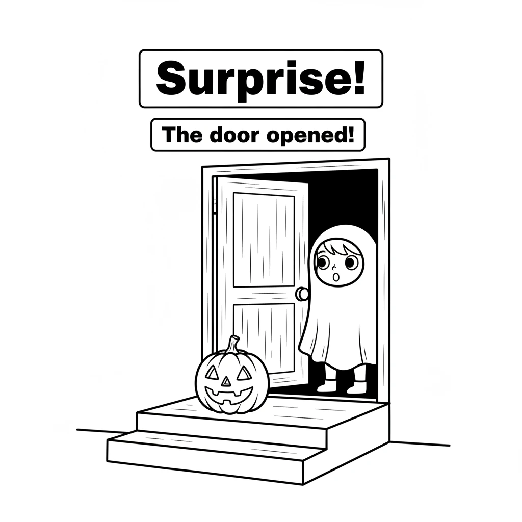 They stopped at the front steps, and just then, a child in a happy costume opened the door. The child's eyes grew wide, surprised to see the pumpkin w