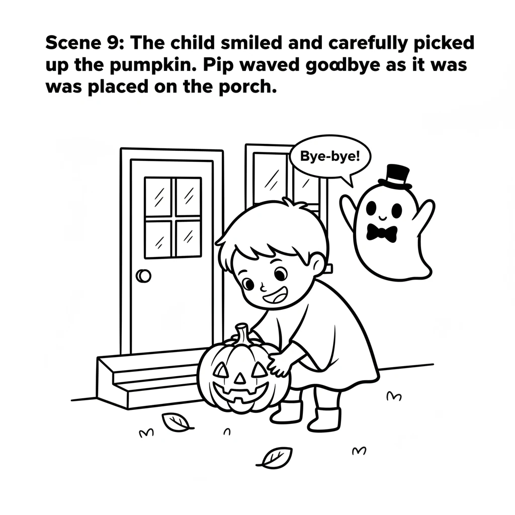 The child smiled a big, happy smile and carefully picked up the pumpkin. Pip, almost invisible with happiness, waved a tiny ghost hand goodbye as the