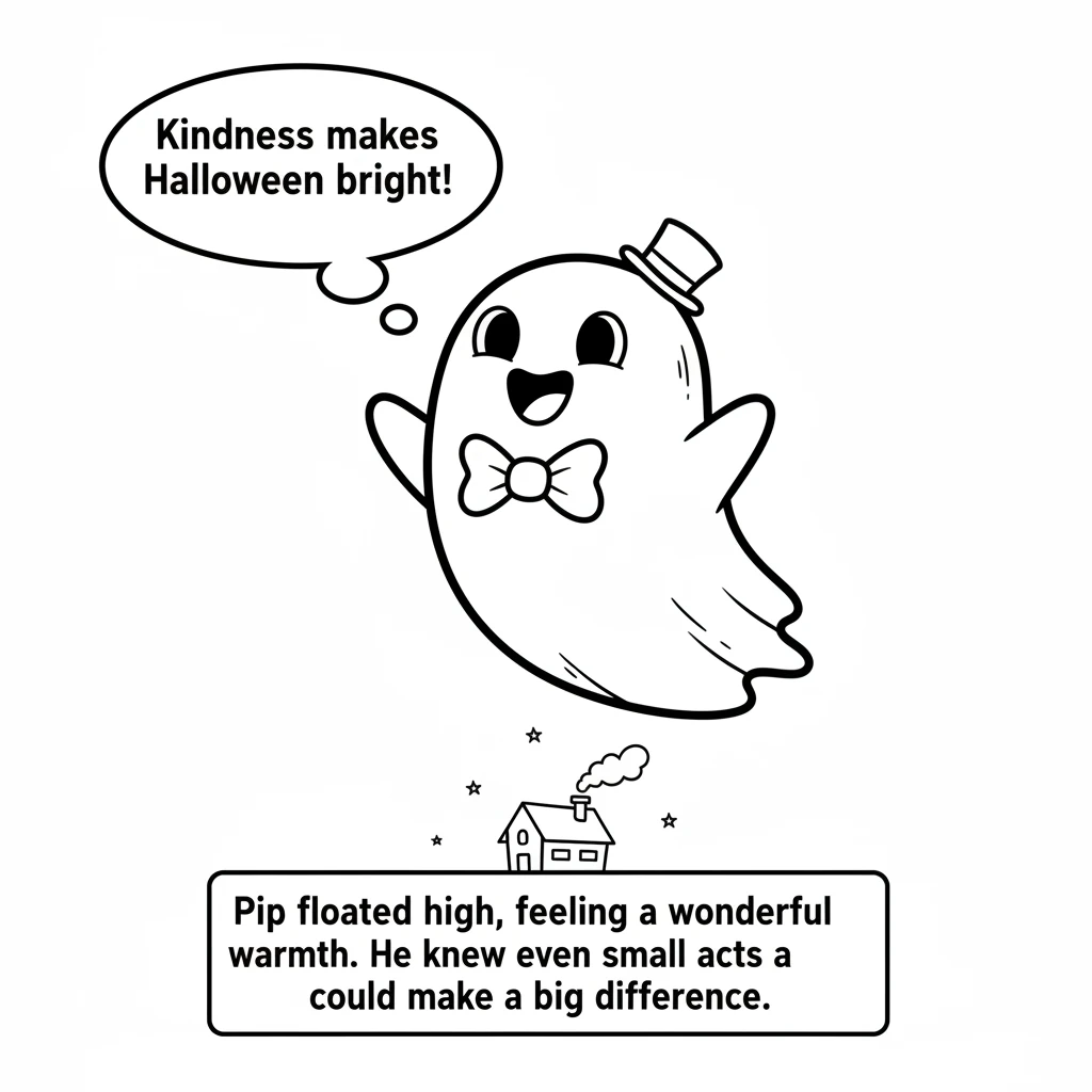 Pip floated high into the night sky, feeling a wonderful warmth inside. Helping the little pumpkin made Halloween feel extra special and bright. Pip k