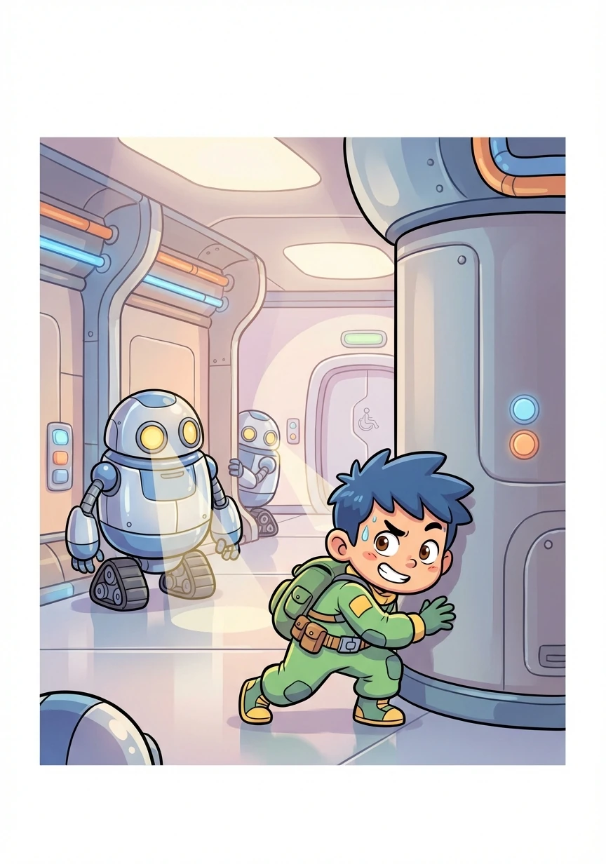 Com passos silenciosos, Hiroki se infiltra na base. Robôs de guarda patrulham os corredores, mas ele os evita com agilidade e astúcia.