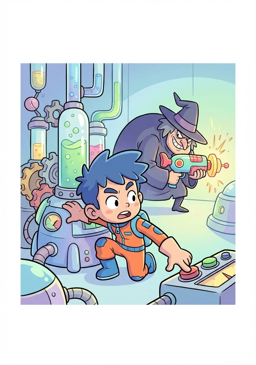 Hiroki encontra um laboratório cheio de engenhocas estranhas. Ele percebe que o vilão está criando uma arma poderosa e precisa detê-lo.