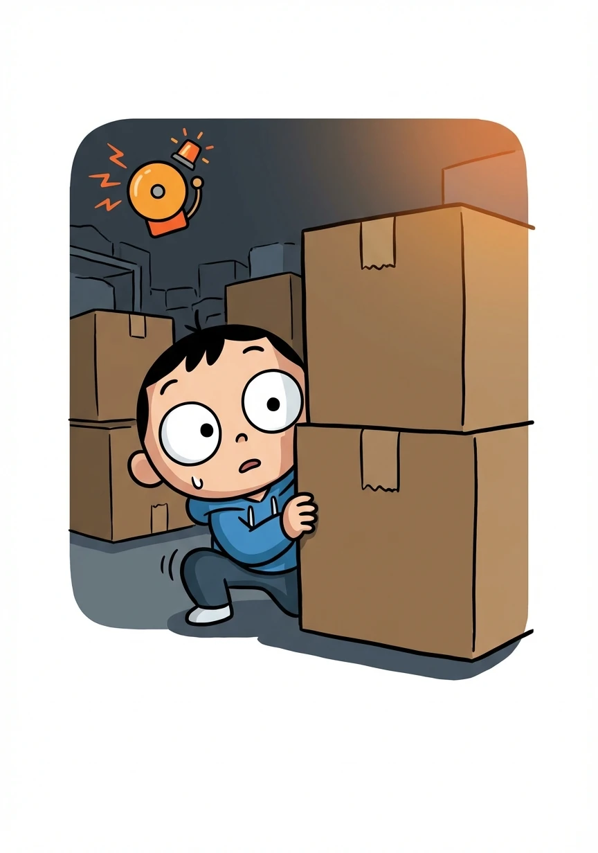 De repente, um alarme soa! Hiroki é descoberto e precisa correr. Ele se esconde atrás de caixas e tenta encontrar um novo caminho.