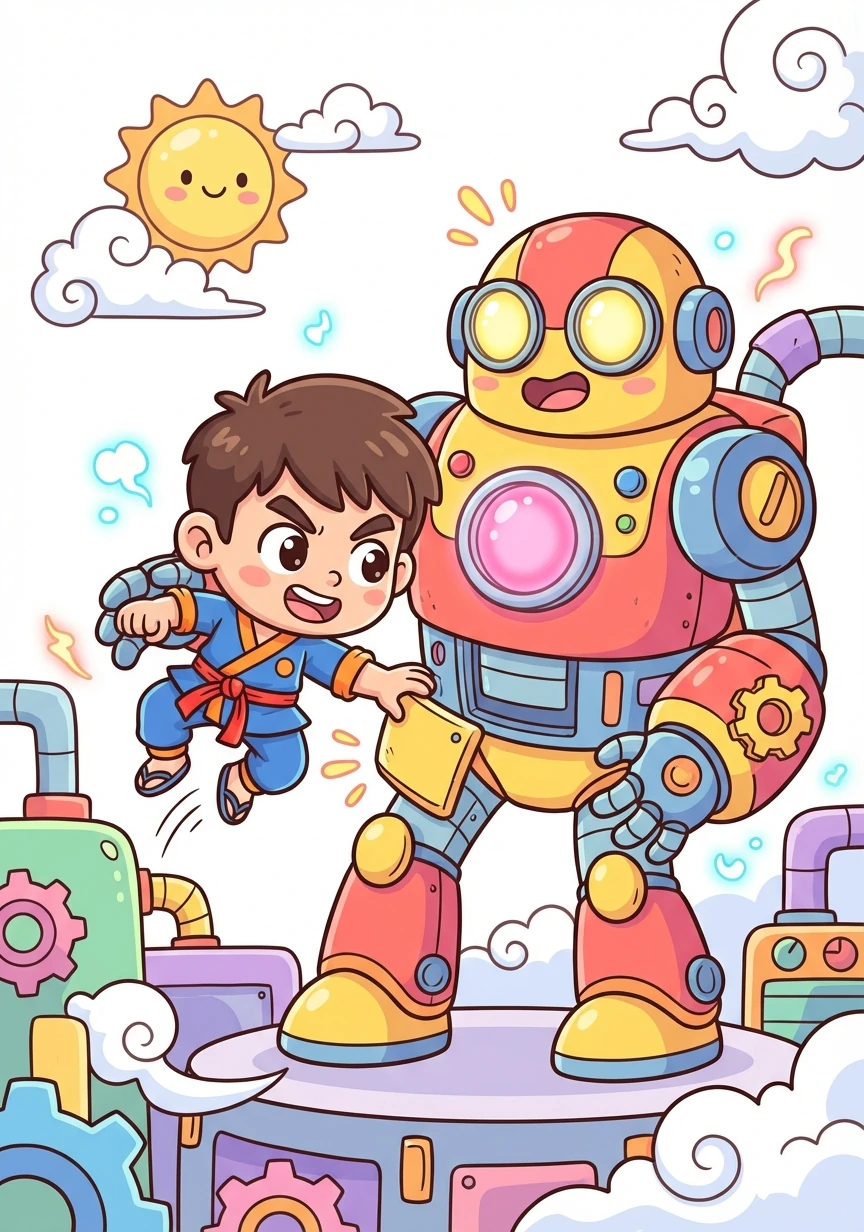 Hiroki enfrenta um robô gigante! Ele usa suas habilidades de artes marciais para desativá-lo, encontrando um ponto fraco em sua armadura.